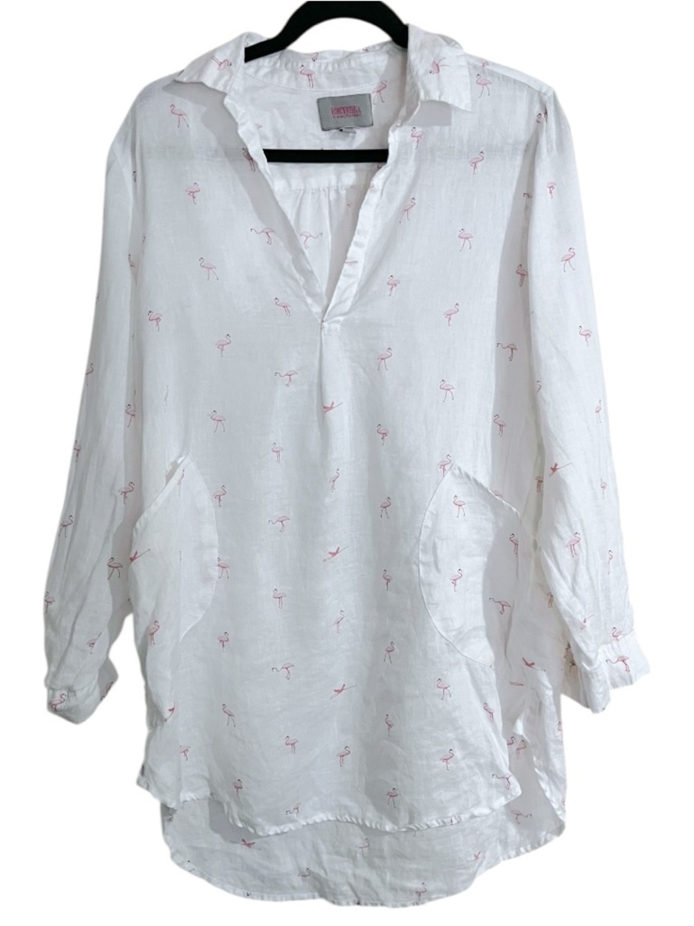 For Cynthia Flamingo 100% Linen Novelty Print Long Sleeve Tunic Top Medium